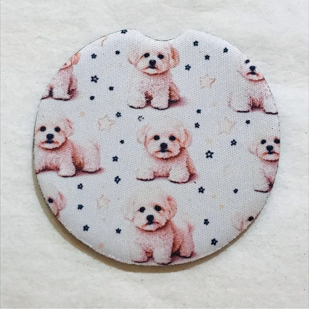 Handmade Bichon Frise With Stars Neoprene Car Coasters Set